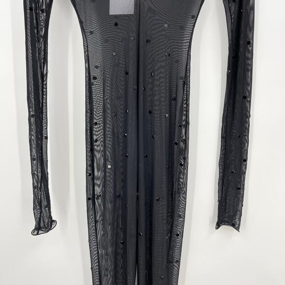 Oseree | NWT Crystal Jumpsuit in Black Gem Mesh Sheer Catsuit Bling S - Picture 8 of 10
